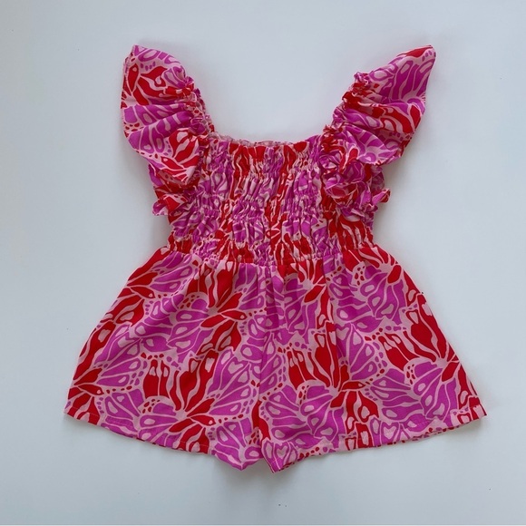 Bonnie Jean Girls Pink Orange Tropical Ruffled Frannie Smocked Romper Size 6 - Picture 1 of 3
